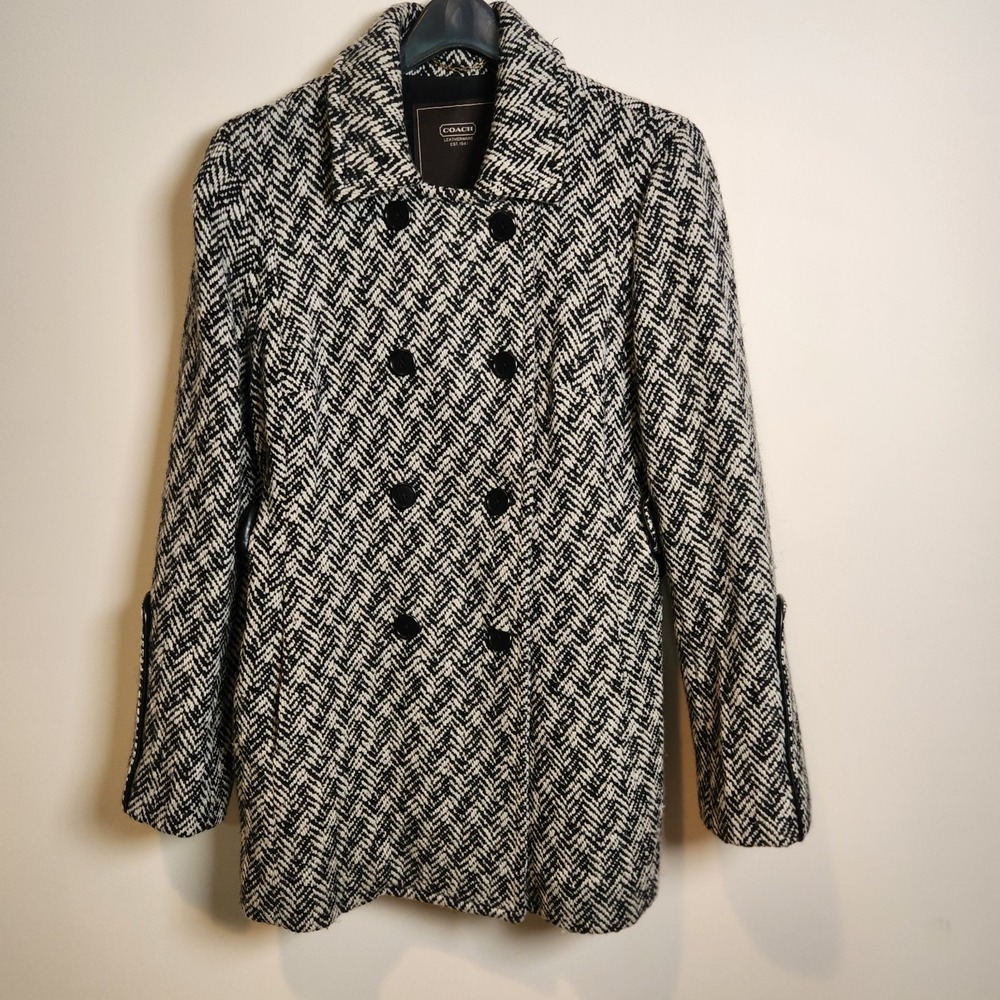 COACH Herringbone Wool Mohair Peacoat Jacket Womens 12 Black White Silk Lined...